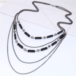 Beads and Triple Layers Chain Combo Design High Fashion Statement Necklace - Gun Black