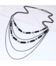 Beads and Triple Layers Chain Combo Design High Fashion Statement Necklace - Gun Black
