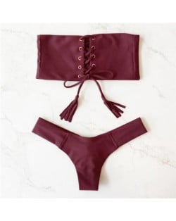 Hot Attractive Bandage Fashion Split Swimwear Set - Wine Red