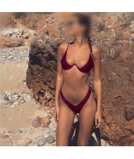 Push-up Padded Bra Design Solid Color Fashion Bikini Set - Wine Red