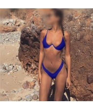 Push-up Padded Bra Design Solid Color Fashion Bikini Set - Blue
