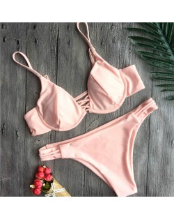 Attractive Bandage Style Push-up Padded Bra Fashion Bikini Set - Pink