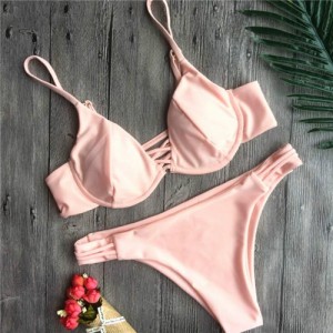 Attractive Bandage Style Push-up Padded Bra Fashion Bikini Set - Pink
