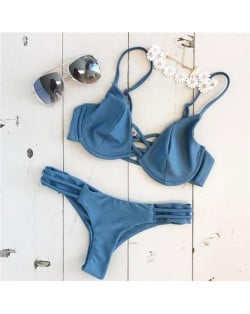 Attractive Bandage Style Push-up Padded Bra Fashion Bikini Set - Blue