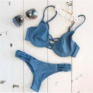 Attractive Bandage Style Push-up Padded Bra Fashion Bikini Set - Blue