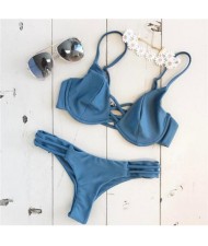 Attractive Bandage Style Push-up Padded Bra Fashion Bikini Set - Blue