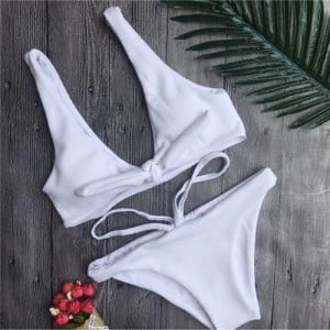 Corduroy Texture Tied-up Style High Fashion Swimwear - White