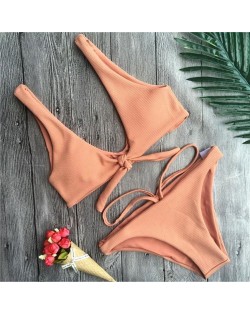 Corduroy Texture Tied-up Style High Fashion Swimwear - Coffee