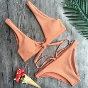 Corduroy Texture Tied-up Style High Fashion Swimwear - Coffee