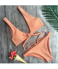 Corduroy Texture Tied-up Style High Fashion Swimwear - Coffee
