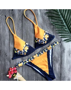 Tiny Flowers Prints Decorated Summer Yellow Bikini Swimwear Set