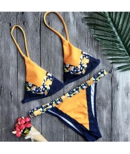 Tiny Flowers Prints Decorated Summer Yellow Bikini Swimwear Set