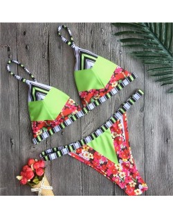 Cutie Red Flowers Decorated Green Geometric Elements Jointed Swimwear