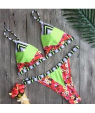Cutie Red Flowers Decorated Green Geometric Elements Jointed Swimwear