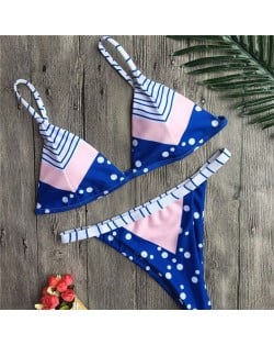 Navy Fashion Dots Pattern Prints Stitching Design Bikini Set