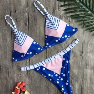 Navy Fashion Dots Pattern Prints Stitching Design Bikini Set