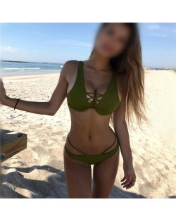 Beach Fashion Bandage Style Push-up Padded Bra Hot Bikini Swimwear - Navy Green