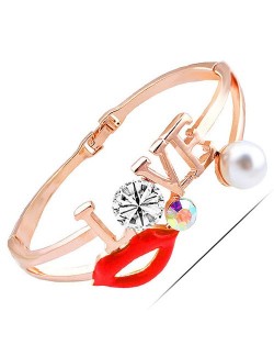Lip and Love Theme Golden Fashion Bangle - Red