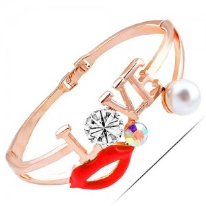 Lip and Love Theme Golden Fashion Bangle - Red