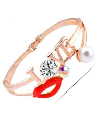Lip and Love Theme Golden Fashion Bangle - Red