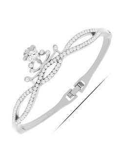 Cubic Zirconia and Rhinestone Embellished Queen Crown Design Fashion Bangle - Silver