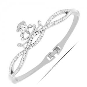 Cubic Zirconia and Rhinestone Embellished Queen Crown Design Fashion Bangle - Silver