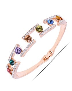 Multicolor Gems and Rinestone Embellished High Fashion Golden Bangle