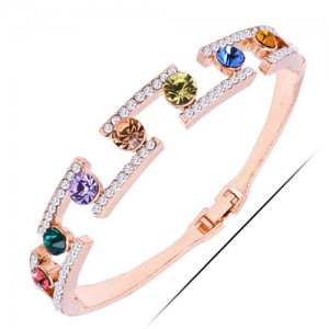 Multicolor Gems and Rinestone Embellished High Fashion Golden Bangle
