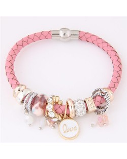 Assorted Rings and Love Pendant Weaving Pattern Leather Fashion Bracelet - Pink
