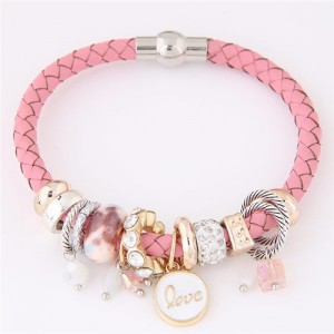 Assorted Rings and Love Pendant Weaving Pattern Leather Fashion Bracelet - Pink