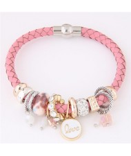 Assorted Rings and Love Pendant Weaving Pattern Leather Fashion Bracelet - Pink