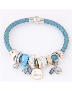 Assorted Rings and Love Pendant Weaving Pattern Leather Fashion Bracelet - Blue