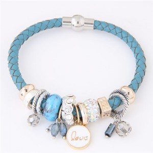 Assorted Rings and Love Pendant Weaving Pattern Leather Fashion Bracelet - Blue