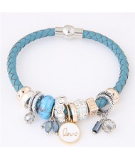 Assorted Rings and Love Pendant Weaving Pattern Leather Fashion Bracelet - Blue
