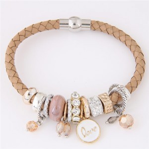 Assorted Rings and Love Pendant Weaving Pattern Leather Fashion Bracelet - Khaki