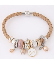 Assorted Rings and Love Pendant Weaving Pattern Leather Fashion Bracelet - Khaki
