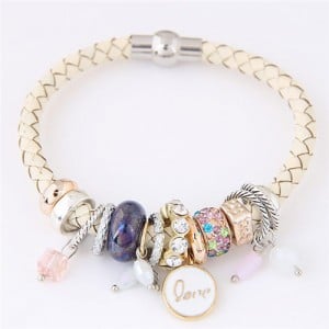 Assorted Rings and Love Pendant Weaving Pattern Leather Fashion Bracelet - White