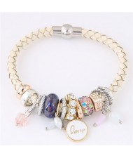 Assorted Rings and Love Pendant Weaving Pattern Leather Fashion Bracelet - White