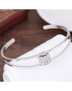 Rhinestone Embellished Bead Inlaid Design Open-end Fashion Bangle - Silver