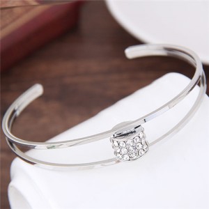 Rhinestone Embellished Bead Inlaid Design Open-end Fashion Bangle - Silver