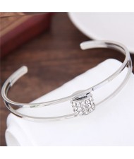 Rhinestone Embellished Bead Inlaid Design Open-end Fashion Bangle - Silver