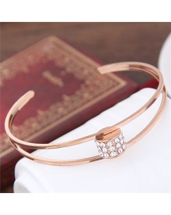 Rhinestone Embellished Bead Inlaid Design Open-end Fashion Bangle - Golden