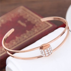 Rhinestone Embellished Bead Inlaid Design Open-end Fashion Bangle - Golden