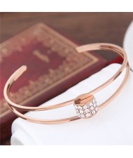 Rhinestone Embellished Bead Inlaid Design Open-end Fashion Bangle - Golden