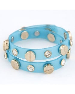 Rhinestone and Button Embedded Dual Layer Bracelet - Blue