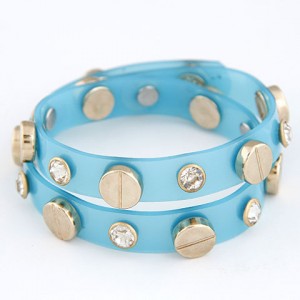 Rhinestone and Button Embedded Dual Layer Bracelet - Blue