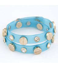 Rhinestone and Button Embedded Dual Layer Bracelet - Blue