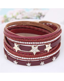 Stars Attached Multi-layer Leather Fashion Bangle - Red