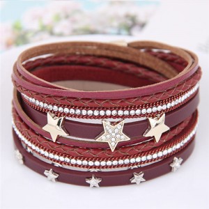 Stars Attached Multi-layer Leather Fashion Bangle - Red