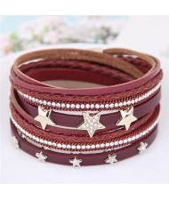 Stars Attached Multi-layer Leather Fashion Bangle - Red